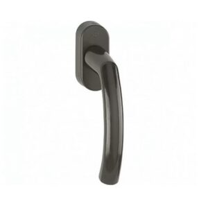 Dark metal lever door handle with rectangular backplate mounted on a white door.