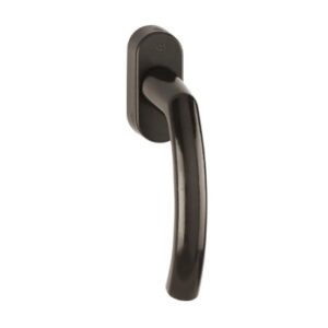 Dark metal door lever handle mounted on a rectangular backplate, shown in a vertical orientation.