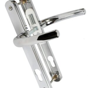 Chrome lever door handle with a mortise lock mechanism and backplate, shown from an angled view