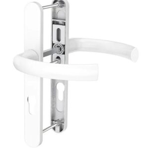 White lever door handle with exposed latch mechanism and backplate showing screw rods and keyhole cutouts
