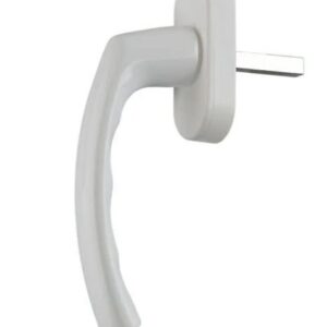 White lever door handle with a square spindle on a rectangular backplate.